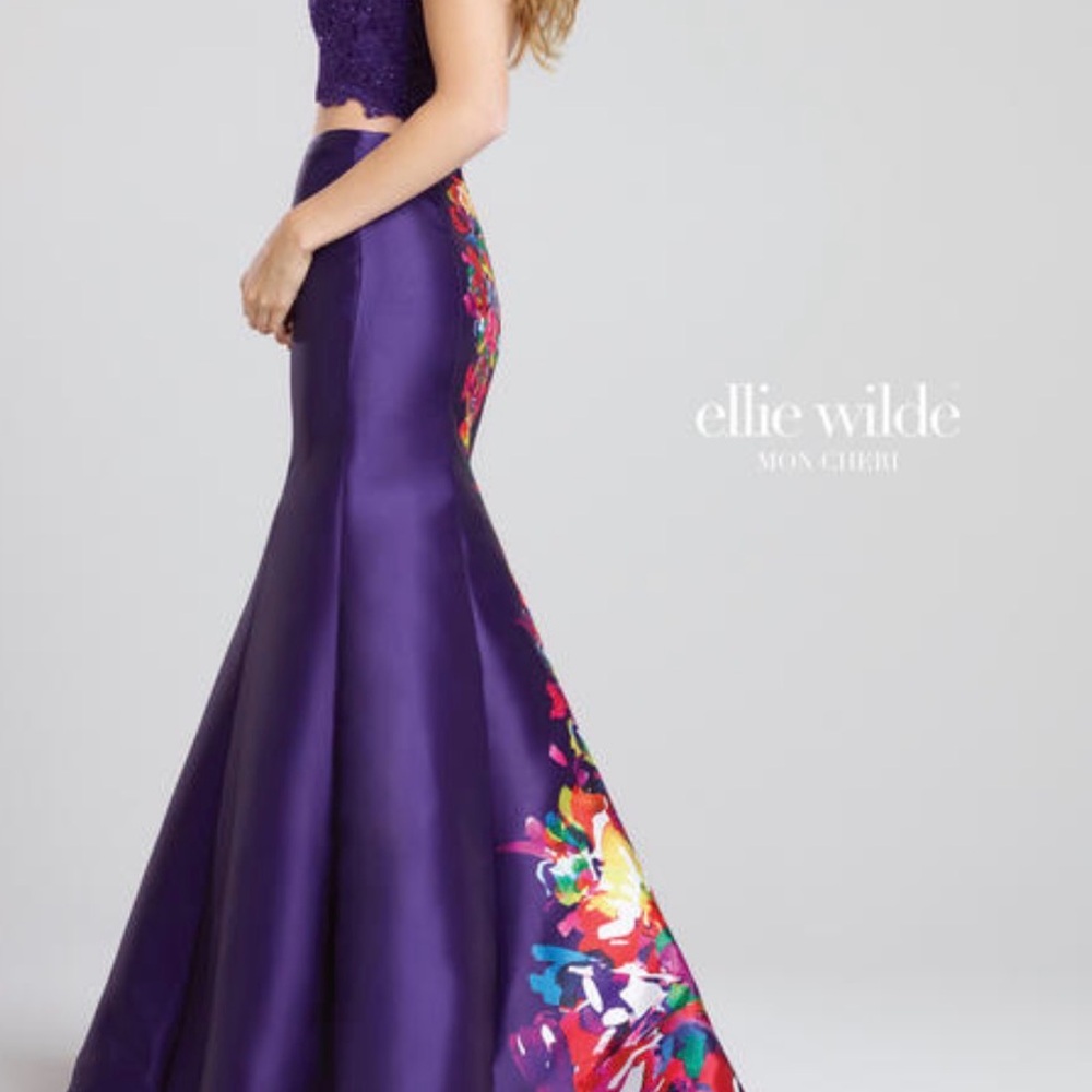 LIKE NEW Ellie Wilde Purple Satin Mermaid Gown with Vibrant Floral Panel